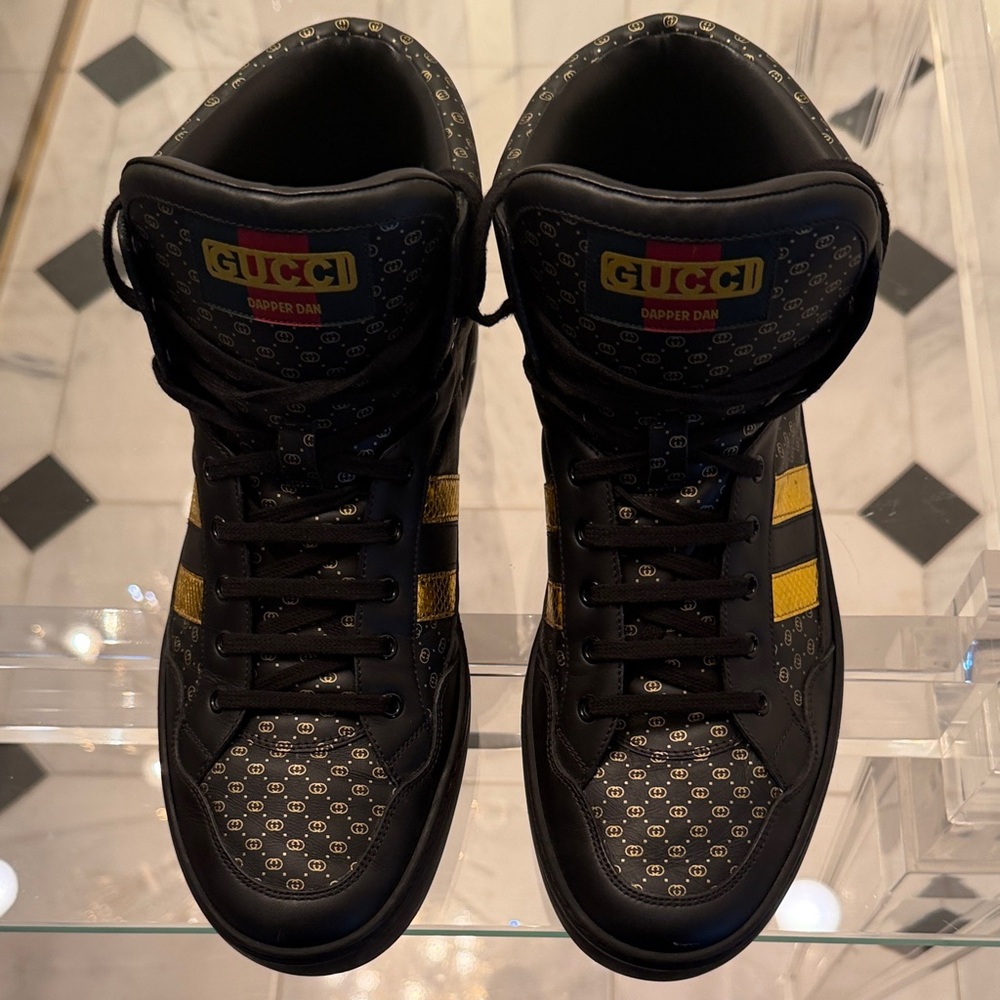 Gucci Dapper Dan Black and Gold High Top Patterned Sneakers - Picture 3 of 11
